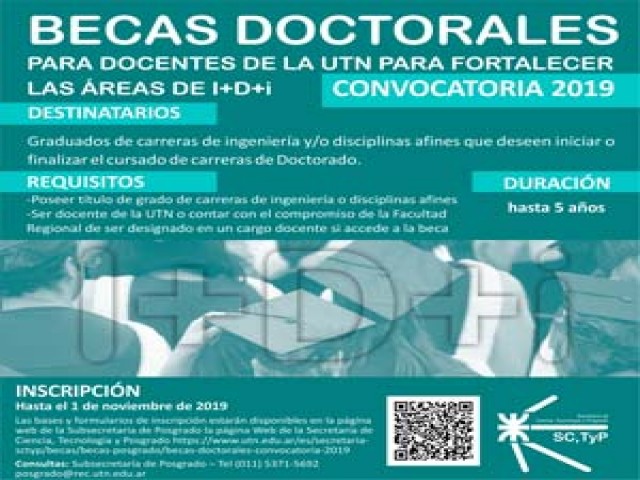 BECAS DOCTORALES PARA DOCENTES DE LA UTN PARA FORTALECER LAS ÁREAS DE I + D + I